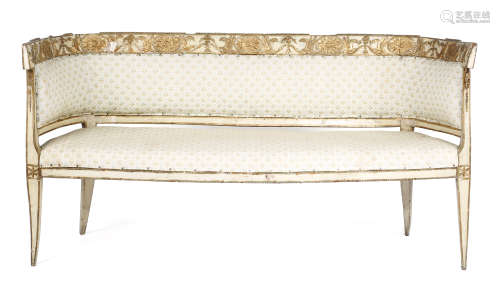 AN ITALIAN PAINTED AND GILTWOOD SOFA POSSIBLY LOMBARDY, LATE 18TH / EARLY 19TH CENTURY the wrap-
