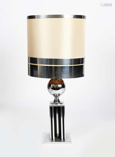 A Maison Janson style chrome table lamp, pierced square section plinth surmounted with chrome