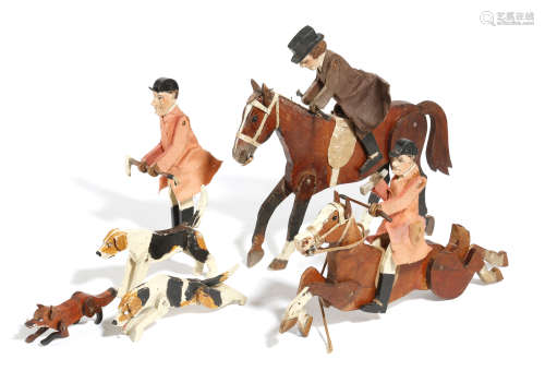 A CARVED AND PAINTED WOOD HUNTING GROUP IN THE MANNER OF NEW FOREST TOYS EARLY 20TH CENTURY with two
