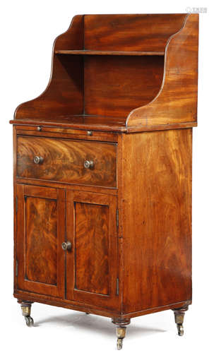 A GEORGE IV MAHOGANY SIDE CABINET EARLY 19TH CENTURY with flame figuring, the galleried top with a