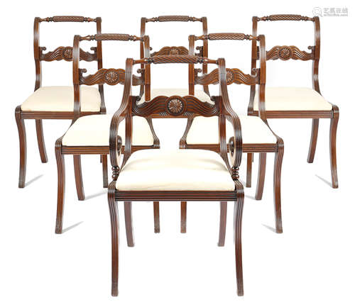 A SET OF SIX LATE REGENCY MAHOGANY DINING CHAIRS EARLY 19TH CENTURY each with a rope-twist top rail,