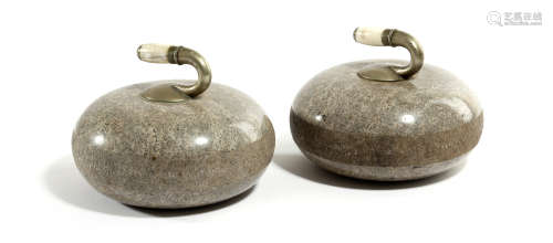 A PAIR OF SCOTTISH POLISHED GRANITE CURLING STONE DESK WEIGHTS EARLY 20TH CENTURY each with a nickel