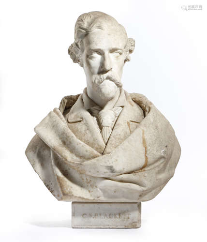 A VICTORIAN WHITE MARBLE BUST OF A GENTLEMAN LATE 19TH CENTURY wearing a jacket and tie and a