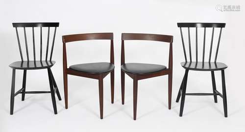 A pair of Frem Rojle teak chairs designed by Hans Olsen, Danish, each with swollen cylindrical