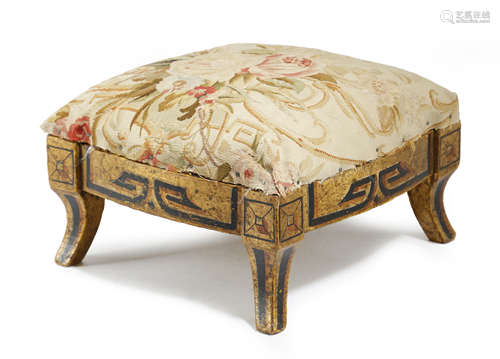 A SMALL GILTWOOD STOOL IN REGENCY STYLE POSSIBLY EARLY 19TH CENTURY with a later Aubusson floral