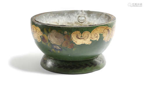 A GREEN TOLE PEINTE PLANTER 19TH CENTURY painted with roses and with parcel gilt and ebonised
