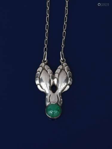 A Georg Jensen silver and chrysoprase necklace, model no.16, cast with two foliate motif and green