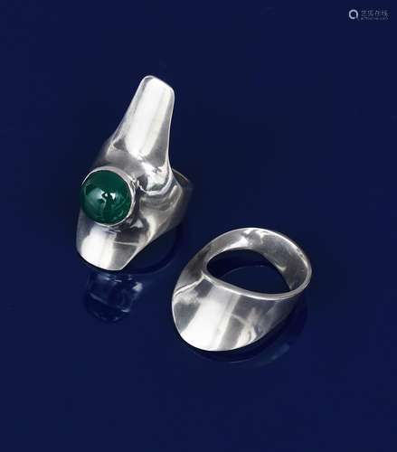 A Georg Jensen silver and green chrysoprase ring designed by Henning Koppel, streamlined plate set