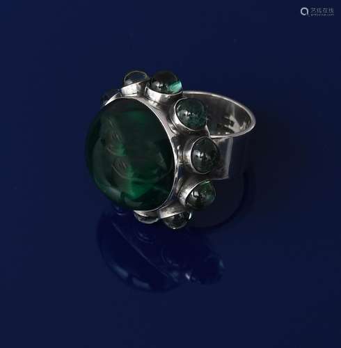 A Georg Jensen silver and chrysoprase ring designed by Astrid Fog, model no.166, large central green