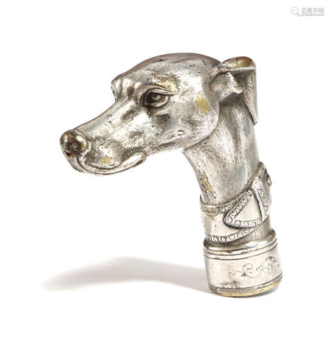 A VICTORIAN SILVER PLATED GREYHOUND WALKING CANE HANDLE LATE 19TH CENTURY his collar with a date '