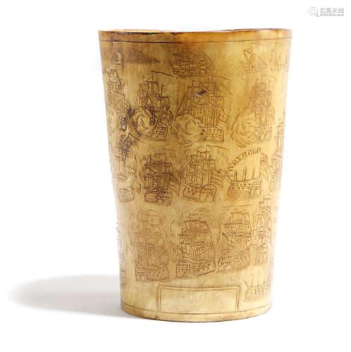 A RARE GEORGE III SCRIMSHAW DECORATED HORN BEAKER BY SPILMAN LATE 18TH CENTURY worked all over