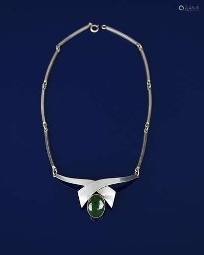 A Niels Erik silver and green chrysoprase necklace, two silver ribbons supporting green