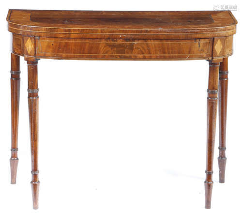 A REGENCY MAHOGANY 'D' SHAPED CARD TABLE EARLY 19TH CENTURY inlaid with stringing, the satinwood