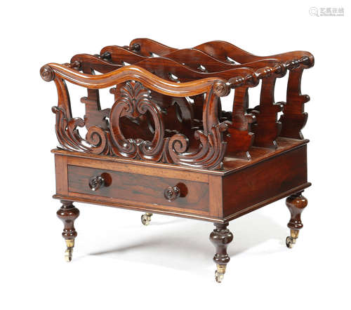 λ A WILLIAM IV ROSEWOOD CANTERBURY EARLY 19TH CENTURY with four divisions, decorated with leaves