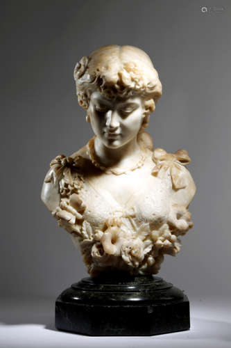 AN ITALIAN CARVED ALABASTER BUST OF A YOUNG LADY LATE 19TH / EARLY 20TH CENTURY wearing a ribbon