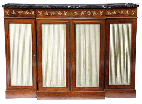 λ A 19TH CENTURY ROSEWOOD AND BRASS INLAID BREAKFRONT SIDE CABINET POSSIBLY IRISH the serpentine