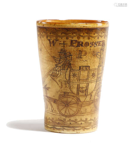 A 19TH CENTURY FOLK ART ENGRAVED HORN BEAKER OF COACHING INTEREST, c.1820-30 naively scrimshaw