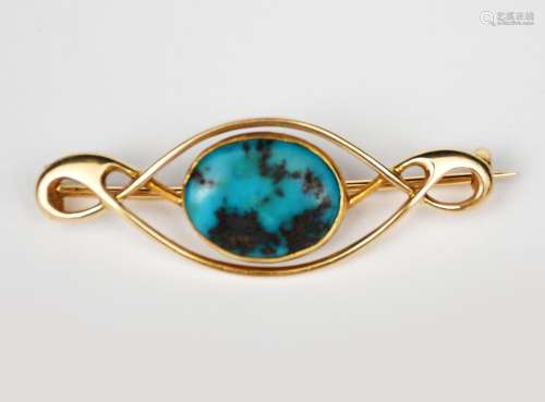 A Murrle Bennett gold and turquoise brooch, looped wirework frame with central turquoise stone,