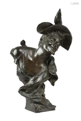 AN ART NOUVEAU BRONZE BUST BY GEORGES VAN DER STRAETEN BELGIAN, 1856-1928 of a young woman with