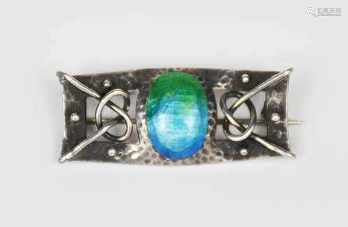 A Gourdel & Co silver and enamel brooch, rectangular, pierced form with applied knot motif,