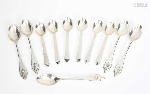 A set of six Georg Jensen silver Pyramid teaspoons designed by Harald Nielsen, five Georg Jensen