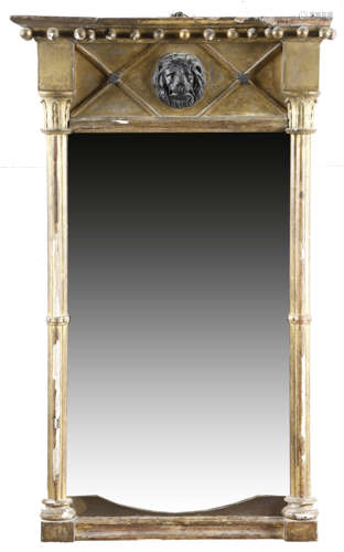 A REGENCY GILTWOOD PIER MIRROR EARLY 19TH CENTURY the later rectangular plate flanked by cluster