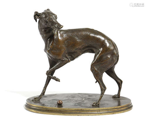 PIERRE-JULES MENE. A BRONZE MODEL OF THE WHIPPET GIGI FRENCH 1810-1879 at play, with a ball,