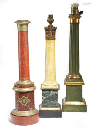 THREE COLUMN TABLE LAMPS LATE 19TH / EARLY 20TH CENTURY AND LATER comprising: a painted faux-