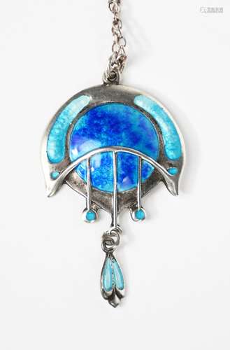 A James Fenton silver and enamel pendant necklace, rounded secessionist shield form with simple