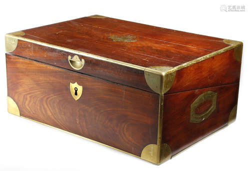 AN EARLY 19TH CENTURY MAHOGANY NAVAL WRITING SLOPE with brass mounts and banding, the hinged lid