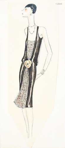 ‡ Dorte Clara Dodo Burgner (1907-1998) Lady in a Black Evening Dress pen and ink on paper, mounted