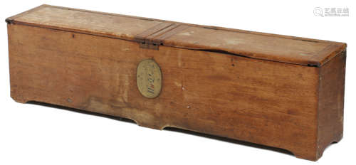 A VICTORIAN TEAK SHIP'S STORAGE TRUNK with twin hinged lids revealing a vacant interior, the front