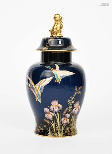 'Mallards' a Carlton Ware tomb jar and cover, printed and painted in colours and gilt on a deep blue