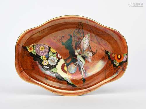 'Fairy' a Carlton Ware Rivo dish, pattern no. 3576, printed and painted in colours and gilt on an