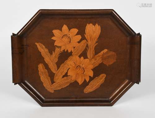 A Liceu de Artes marquetry wood twin-handled tray, octagonal form, inlaid with floral panel