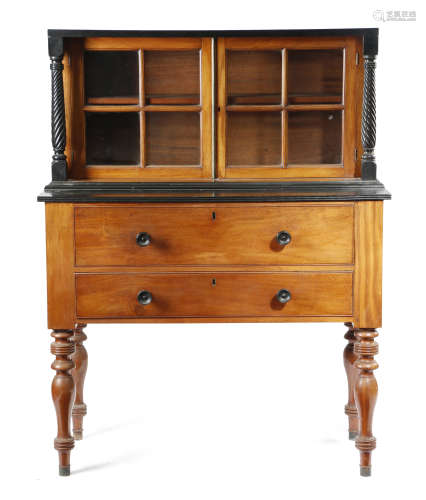 AN ANGLO-INDIAN EBONY AND TEAK SECRETAIRE CABINET CEYLONESE, LATE 19TH CENTURY with a pair of glazed