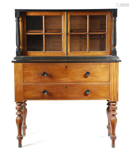 AN ANGLO-INDIAN EBONY AND TEAK SECRETAIRE CABINET CEYLONESE, LATE 19TH CENTURY with a pair of glazed