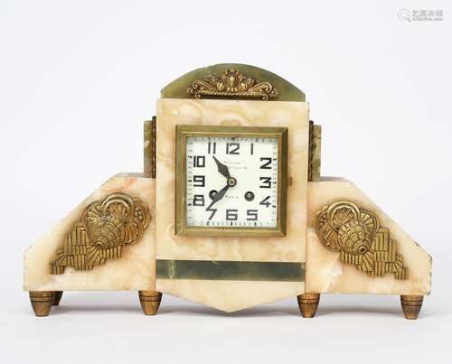 A French onyx and bronze mantel clock, rectangular section on bronze bud feet, the onyx panelled