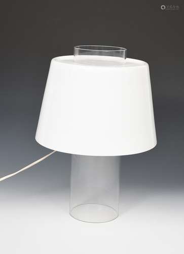 A Modern Art acrylic table lamp designed by Yki Nummi, designed 1955, cylindrical clear perspex body