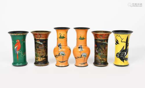 'Stork and Bamboo' a pair of Carlton Ware vases, pattern no.2933, printed and painted with cranes