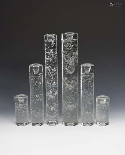 A set of six Iittala Arkipelago glass candlesticks designed by Timo Sarpaneva, thick clear glass