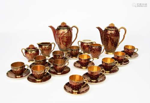 A Carlton Ware Rouge Royale coffee set for six, printed in gilt and enamelled in green with a