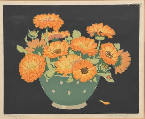 John Hall Thorpe (1874-1947) Marigolds woodcut in colours on paper, framed signed and titled in