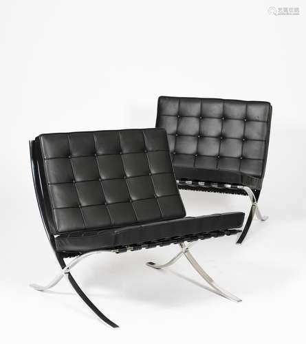 A pair of modern Knoll Barcelona chairs designed by Mies Van Der Rohe, chrome frame with black