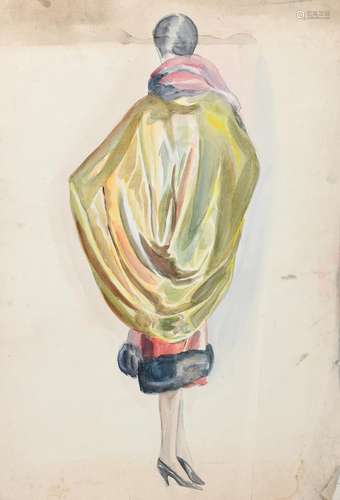 ‡ Dorte Clara Dodo Burgner (1907-1998) Woman in a Yellow Shawl watercolour fashion sketch on paper