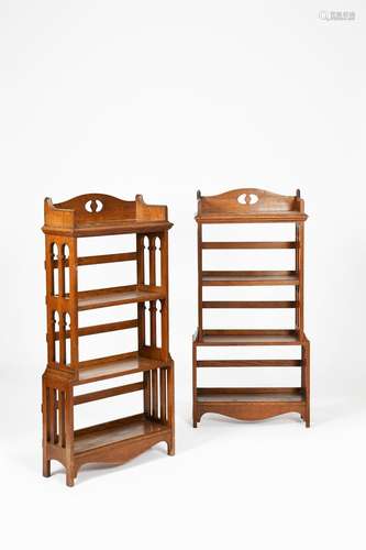 A pair of oak book shelves, three tier, rectangular form with pierced back-splat and sides, 124cm.