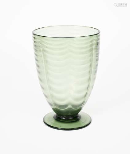 A Stevens & Williams Royal Brierley glass vase designed by Keith Murray, flaring olive green glass