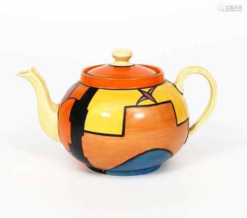 'Sunray' a Clarice Cliff Globe teapot and cover, painted in colours below orange band, the cover