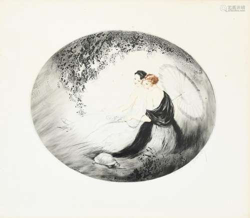 Jean Hardy (born 1880) Women with a parasol, aquatint on paper, framed signed in pencil together