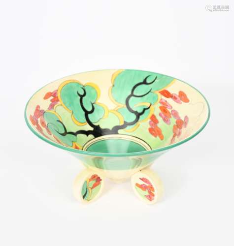 'Green Erin' a Clarice Cliff Bizarre Conical bowl with pastille feet, painted in colours printed